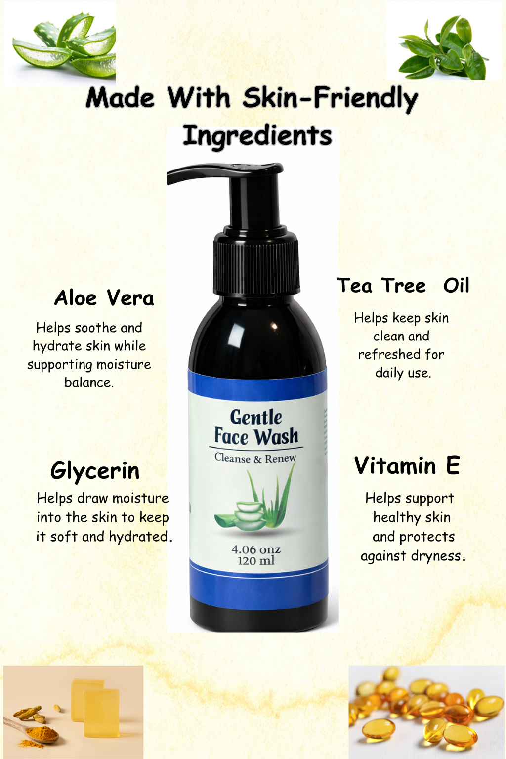 Gentle Face Wash for Teen Boys with Aloe Vera & Tea Tree Oil – Daily Facial Cleanser – 120 ml